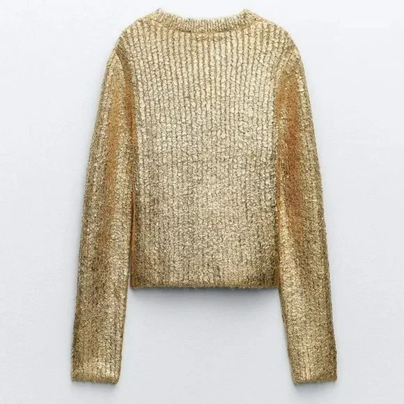 BLOGGER’S FAVE | NWT ZARA GOLD METALLIC SHIMMER CRACKLED KNIT SWEATER - Picture 9 of 11